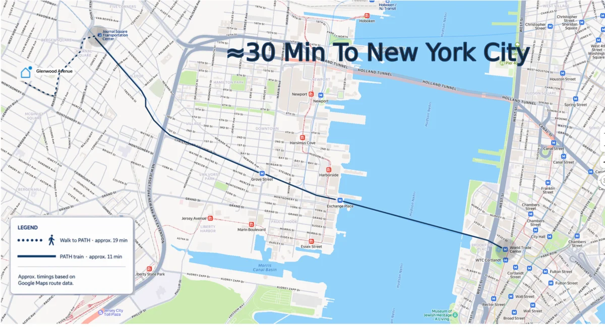 Transportation map showing Blue Maisons and connections to New York City